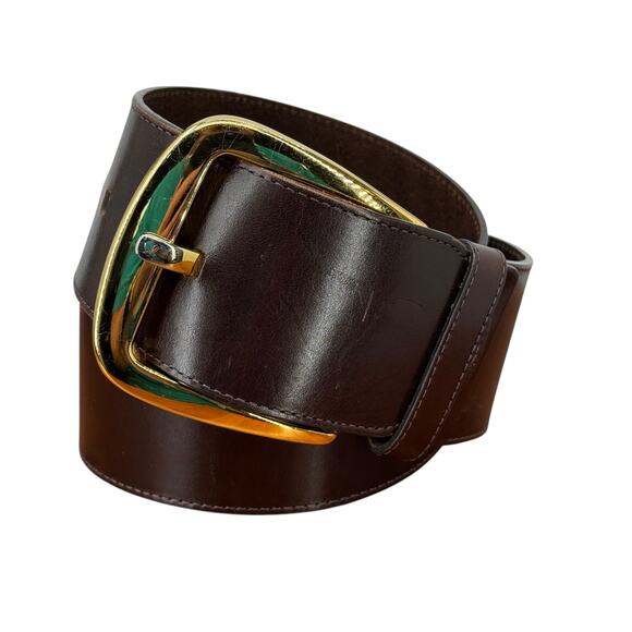 Ellen Tracy Wide Italian Leather Belt Small Women’s Brown Oversized Gold Buckle - Picture 2 of 10